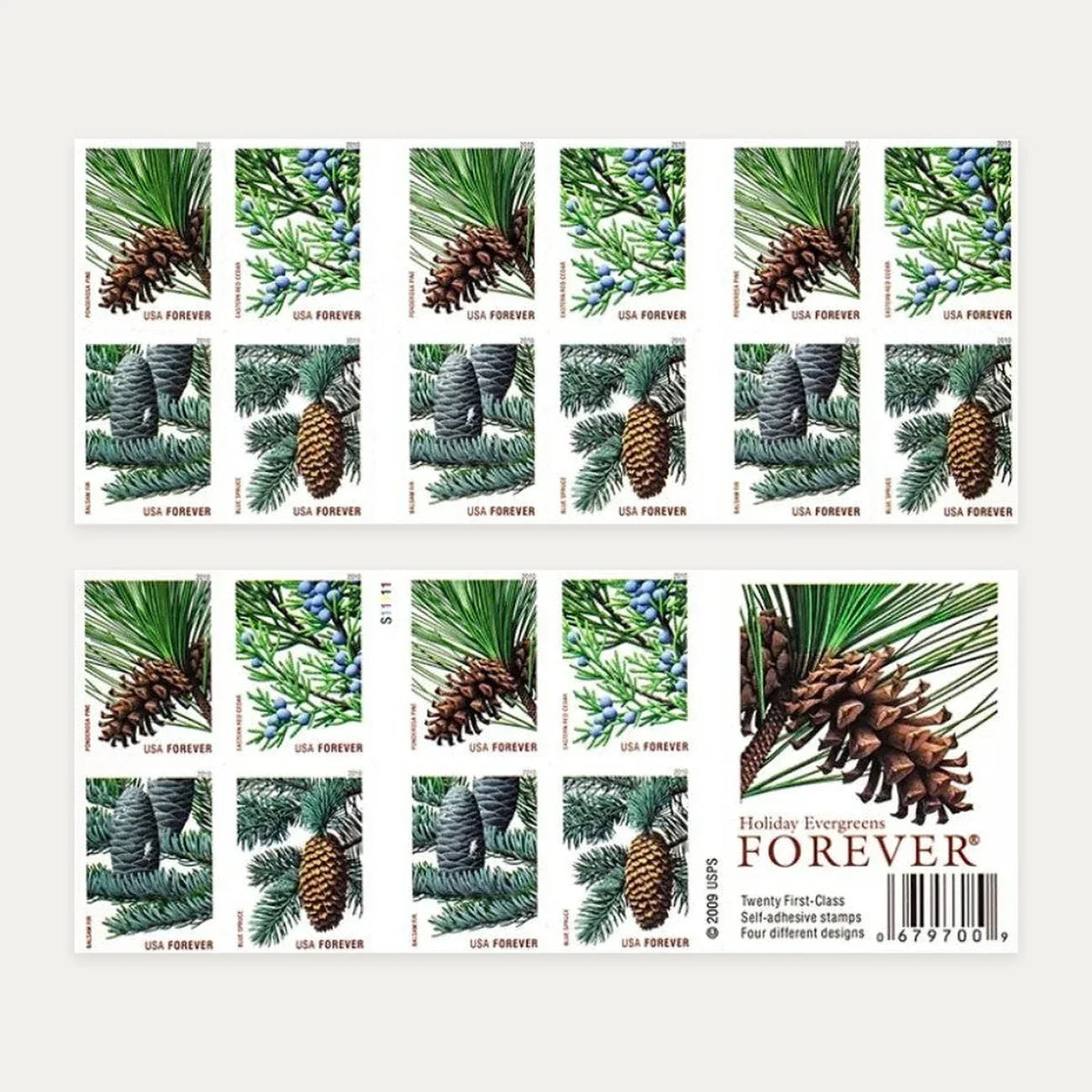 2010 Holiday Evergreens stamp booklet front and back